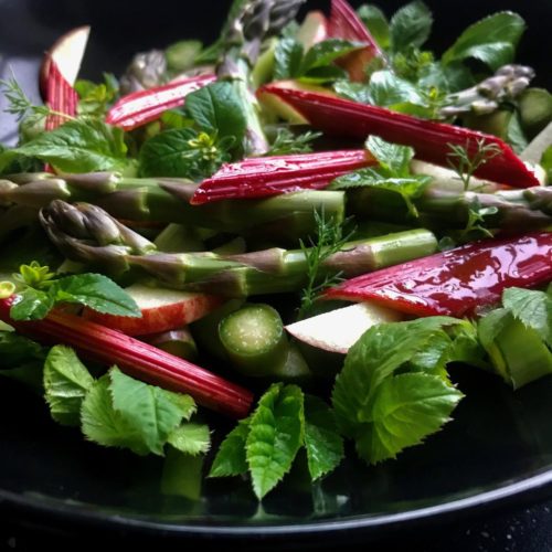 sommersalat med skvalderkål og lynbagte rabarber